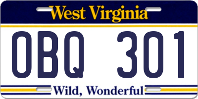 WV license plate OBQ301