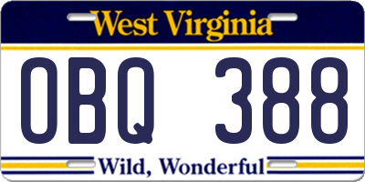 WV license plate OBQ388