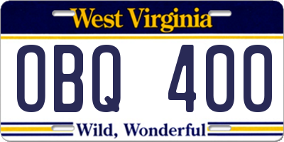 WV license plate OBQ400