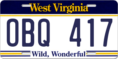 WV license plate OBQ417