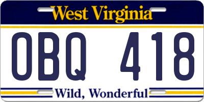WV license plate OBQ418