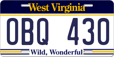 WV license plate OBQ430