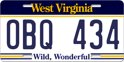 WV license plate OBQ434