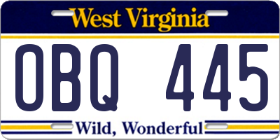 WV license plate OBQ445