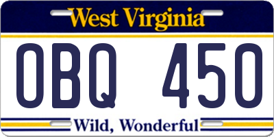 WV license plate OBQ450