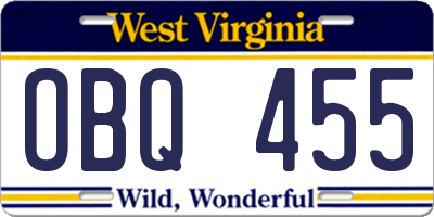 WV license plate OBQ455