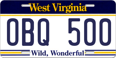 WV license plate OBQ500