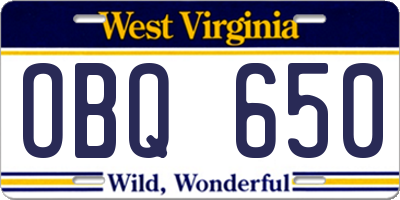 WV license plate OBQ650