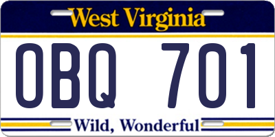 WV license plate OBQ701