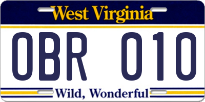 WV license plate OBR010