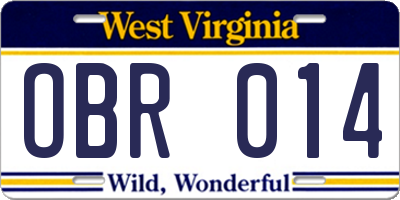 WV license plate OBR014