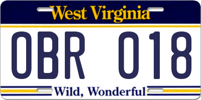 WV license plate OBR018
