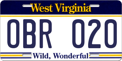 WV license plate OBR020