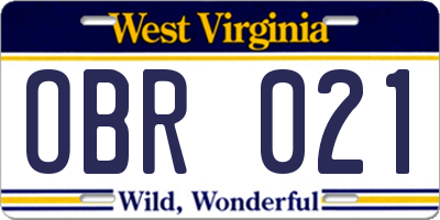 WV license plate OBR021