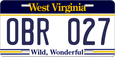 WV license plate OBR027