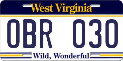 WV license plate OBR030