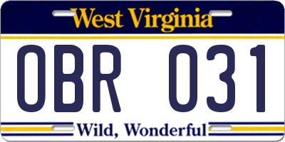 WV license plate OBR031