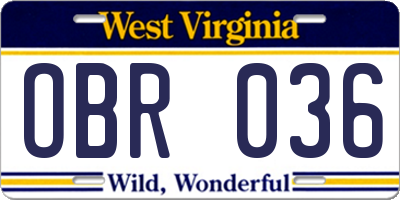 WV license plate OBR036