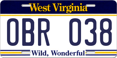 WV license plate OBR038