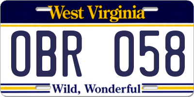 WV license plate OBR058