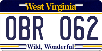 WV license plate OBR062