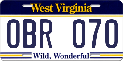 WV license plate OBR070