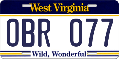 WV license plate OBR077