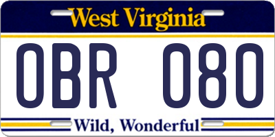 WV license plate OBR080