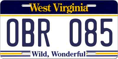 WV license plate OBR085