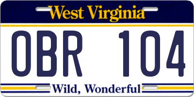 WV license plate OBR104