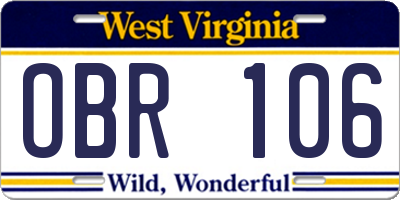 WV license plate OBR106
