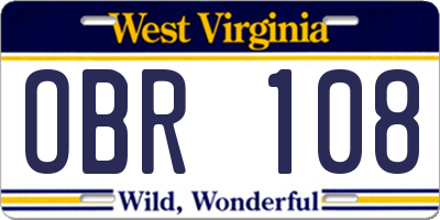 WV license plate OBR108