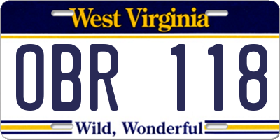 WV license plate OBR118