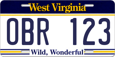 WV license plate OBR123