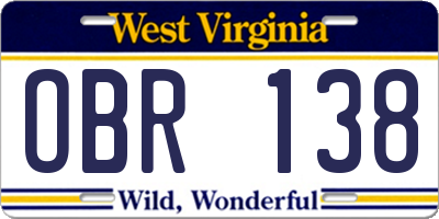 WV license plate OBR138