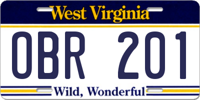 WV license plate OBR201