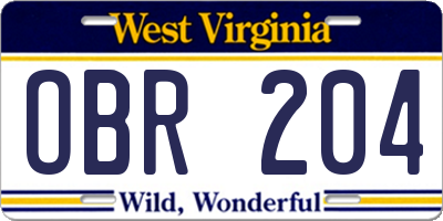 WV license plate OBR204