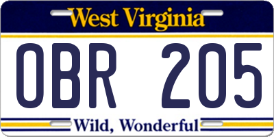 WV license plate OBR205