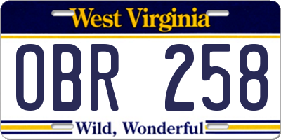 WV license plate OBR258