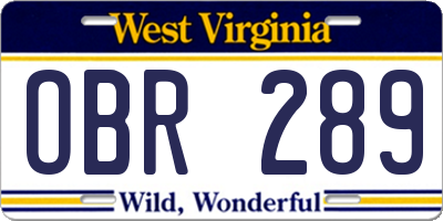 WV license plate OBR289