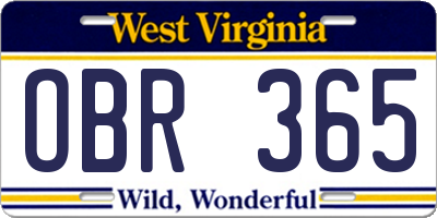 WV license plate OBR365