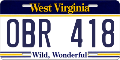 WV license plate OBR418