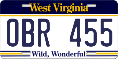 WV license plate OBR455