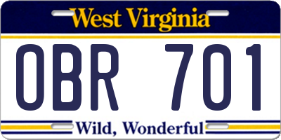 WV license plate OBR701