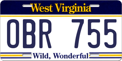 WV license plate OBR755