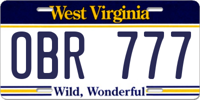 WV license plate OBR777