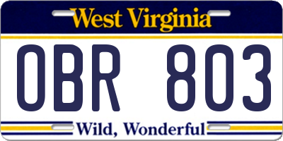 WV license plate OBR803