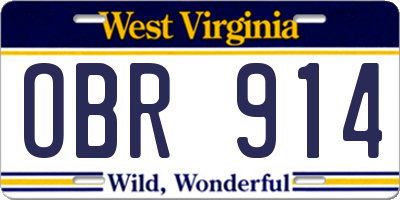 WV license plate OBR914