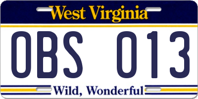 WV license plate OBS013