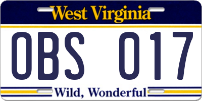 WV license plate OBS017